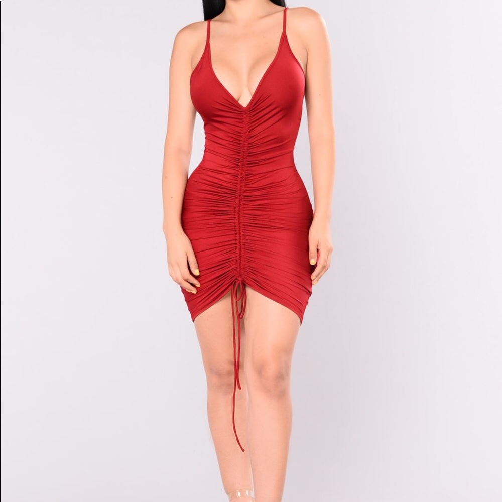 Red gathered bodycon dress